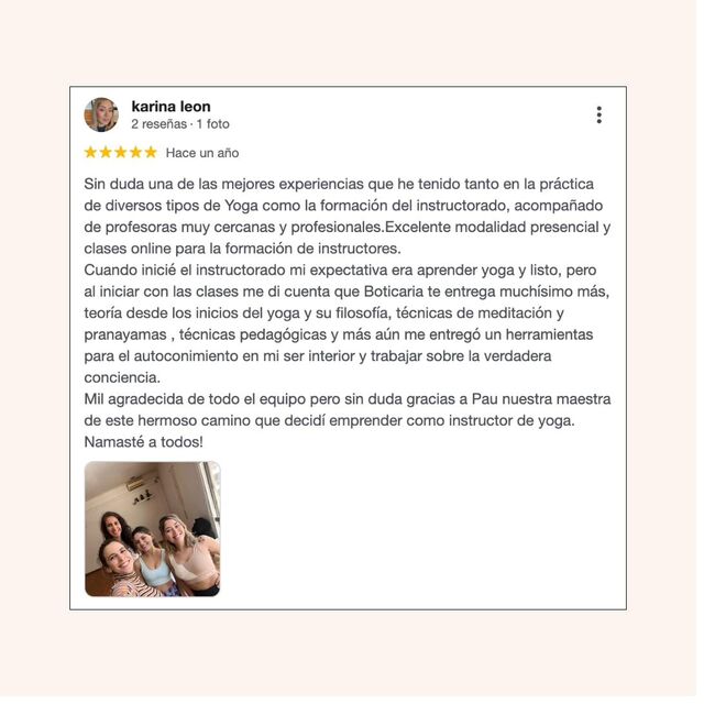 Reseña real de Google — alumna de Boticaria Yoga