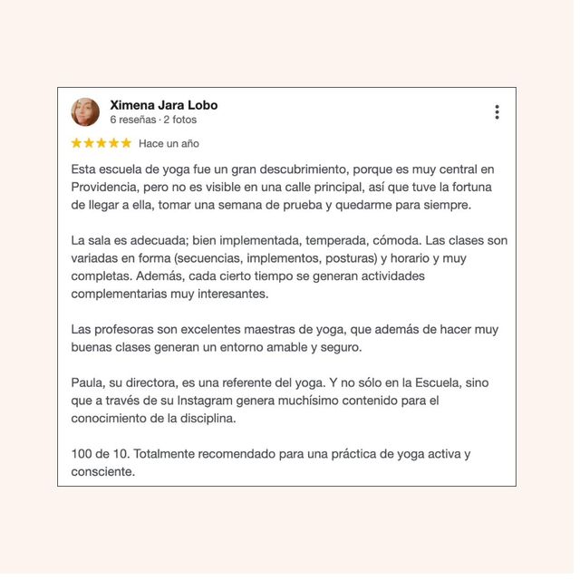 Reseña real de Google — alumna de Boticaria Yoga